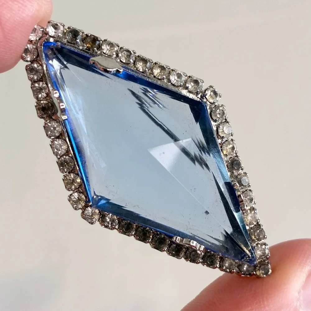 Vintage Brooch Set Blue Rhinestone Mid Century Faceted Silver Tone Jewelry READ